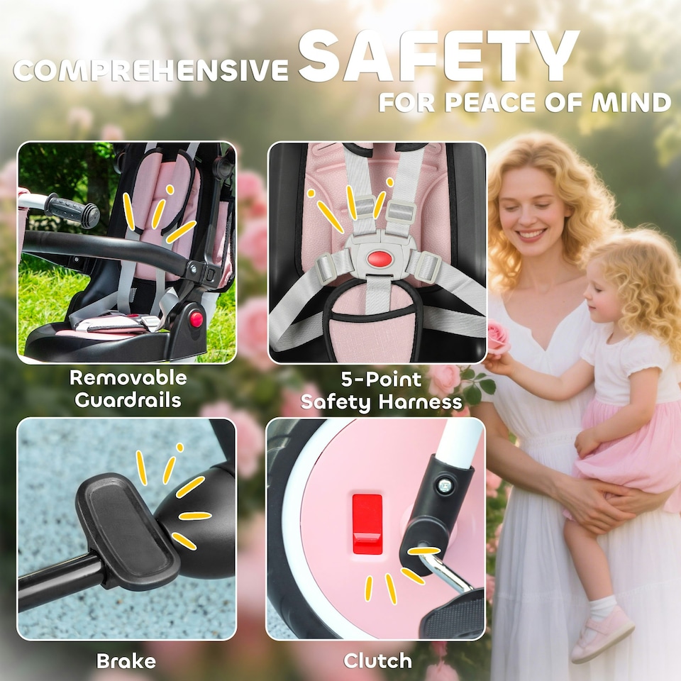 image 1 of AIYAPLAY 6 in 1 Kids Trike, Toddler Tricycle with Parent Handle, Pink