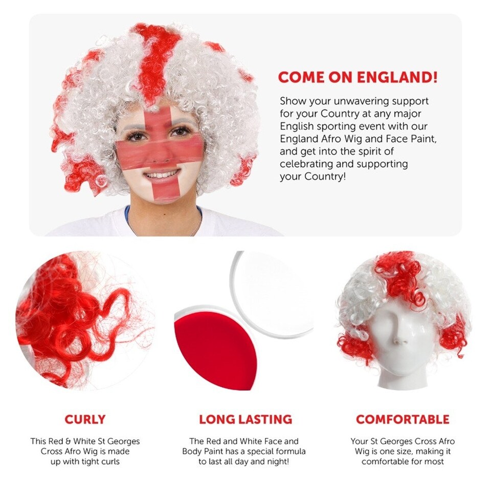 image 1 of Pack of 6 England Curly Wig & Red and White Face Paint Red | One Size