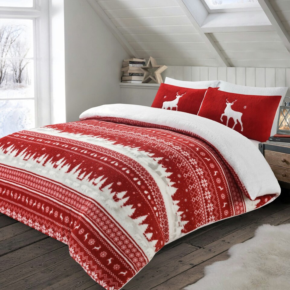Velosso Nordic Teddy Fluffy and Warm Fleece Duvet Cover Set Red | Red | Super King
