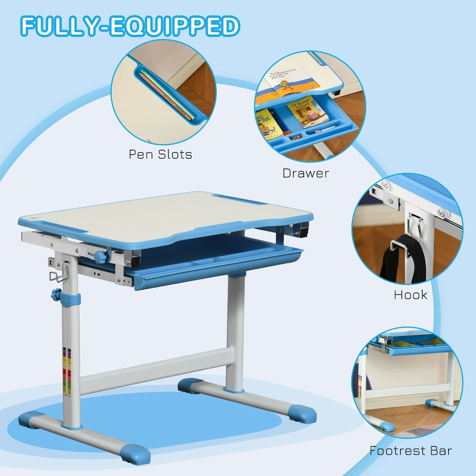 image 1 of HOMCOM Kids Desk and Chair Set Adjustable Tiltable with Drawer Pen Slot Hook Blue