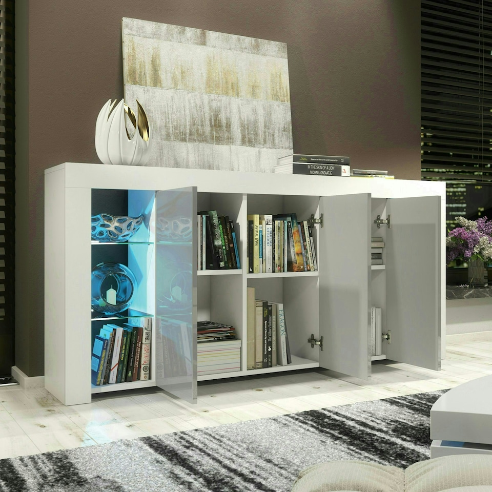 image 1 of Sideboard 164cm Grey Gloss Doors White Matt Body Free LED | White | Grey