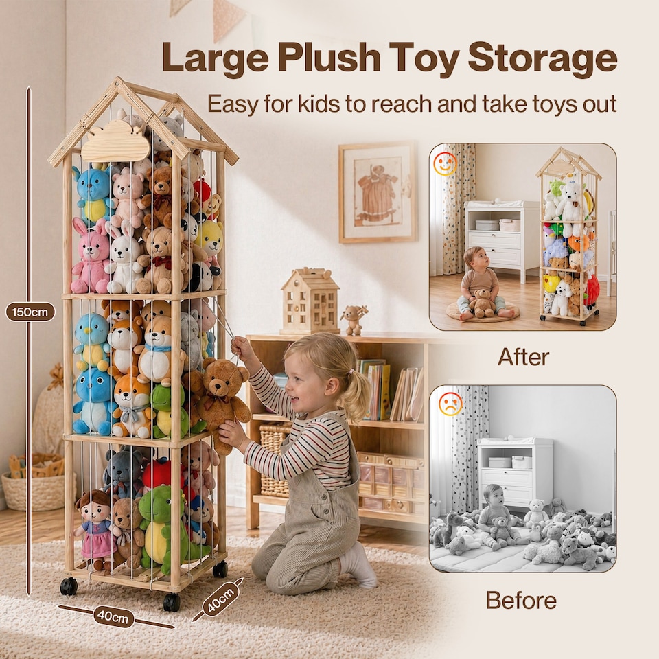 image 1 of Levede Plush Toy Storage Holder Kids Stuffed Animal Organiser Lockable Wheels