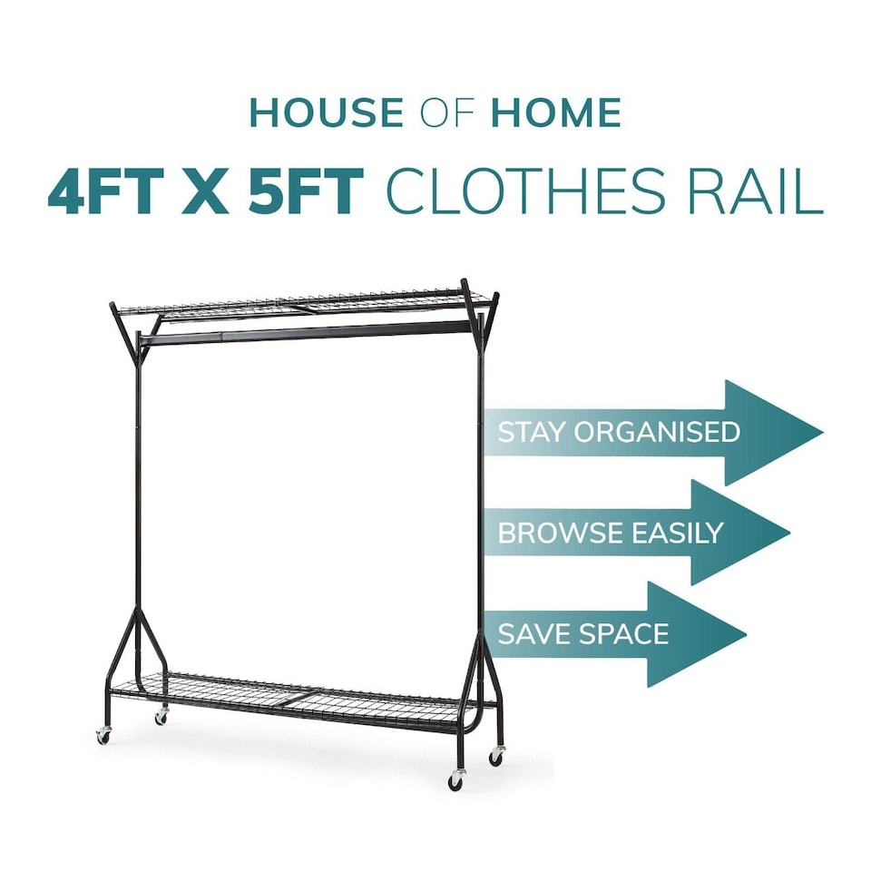 image 1 of House of Home Clothing Rail Heavy Duty Hanging Clothes Shoe Hat Rack Shelves With Wheels 4ft x 5ft | Black
