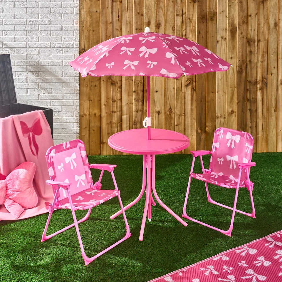 image 1 of OHS Kids Bows Folding Bistro Set Table Chair with Parasol Garden Patio | Pink | Hot Pink