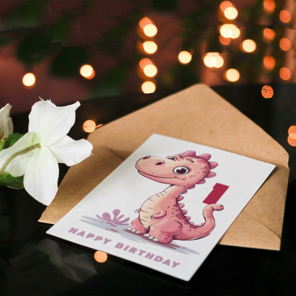 image 1 of 1st Cute Pink Baby Dinosaur Cartoon Kids Age 1 Year Old Child Birthday Card