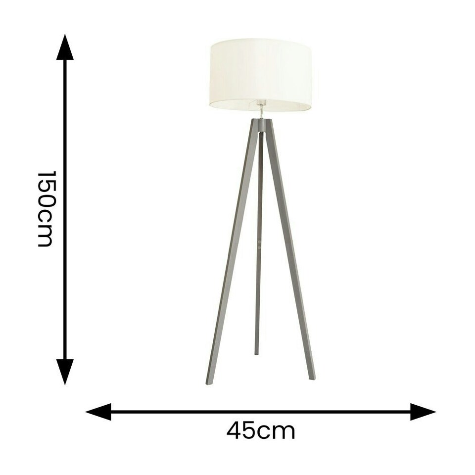 image 1 of ValueLights Jackson Grey Wood Tripod Floor Lamp with White Fabric Lamp Shade and LED Bulb
