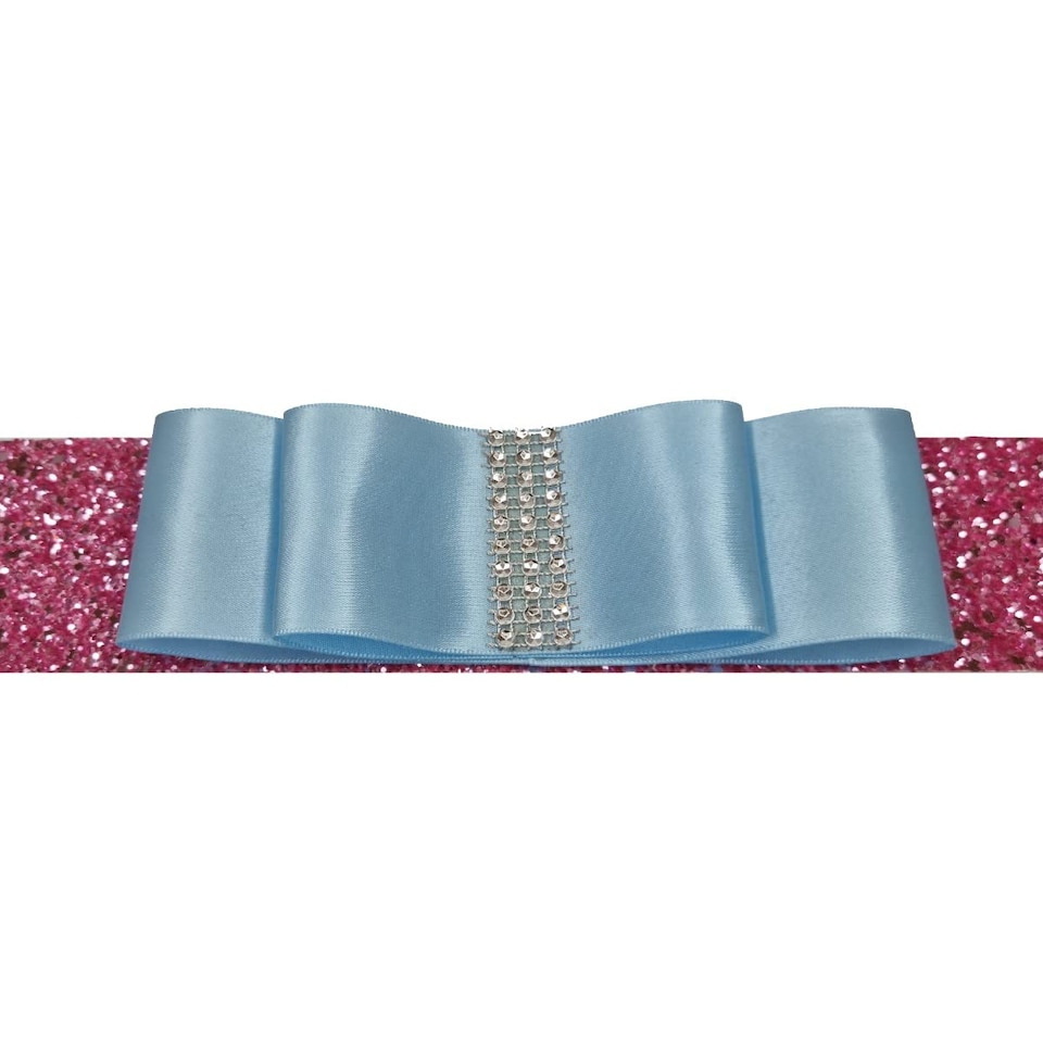 image 1 of FURNISHED Blackout Roller Blind with Pink Glitter Trim and Duck Egg Bow Trimmable Window Shade | Blue | Duck Egg Blue | (W) 115cm x (L) 210cm