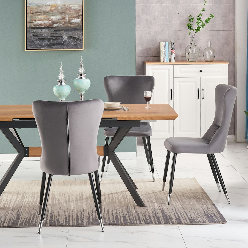 image 1 of Set of 2 New York Modern Velvet Dining Chairs with High Back, Black Metal Legs | Grey | Silver End Tips