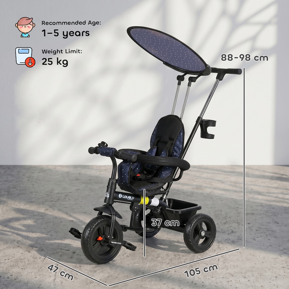 image 1 of HOMCOM 6 in 1 Kids Tricycle w/ Removable Handle for 1.5+ year, Dark Blue