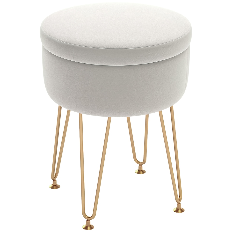 image 1 of HOMCOM 5L Velvet Storage Ottoman, Modern Round Footstool with Metal Hairpin Legs and Removable Lid, Dressing Table Stool Side Table for Hallway, Bedroom, Living Room, 33 x 33 x 43 cm, Cream White