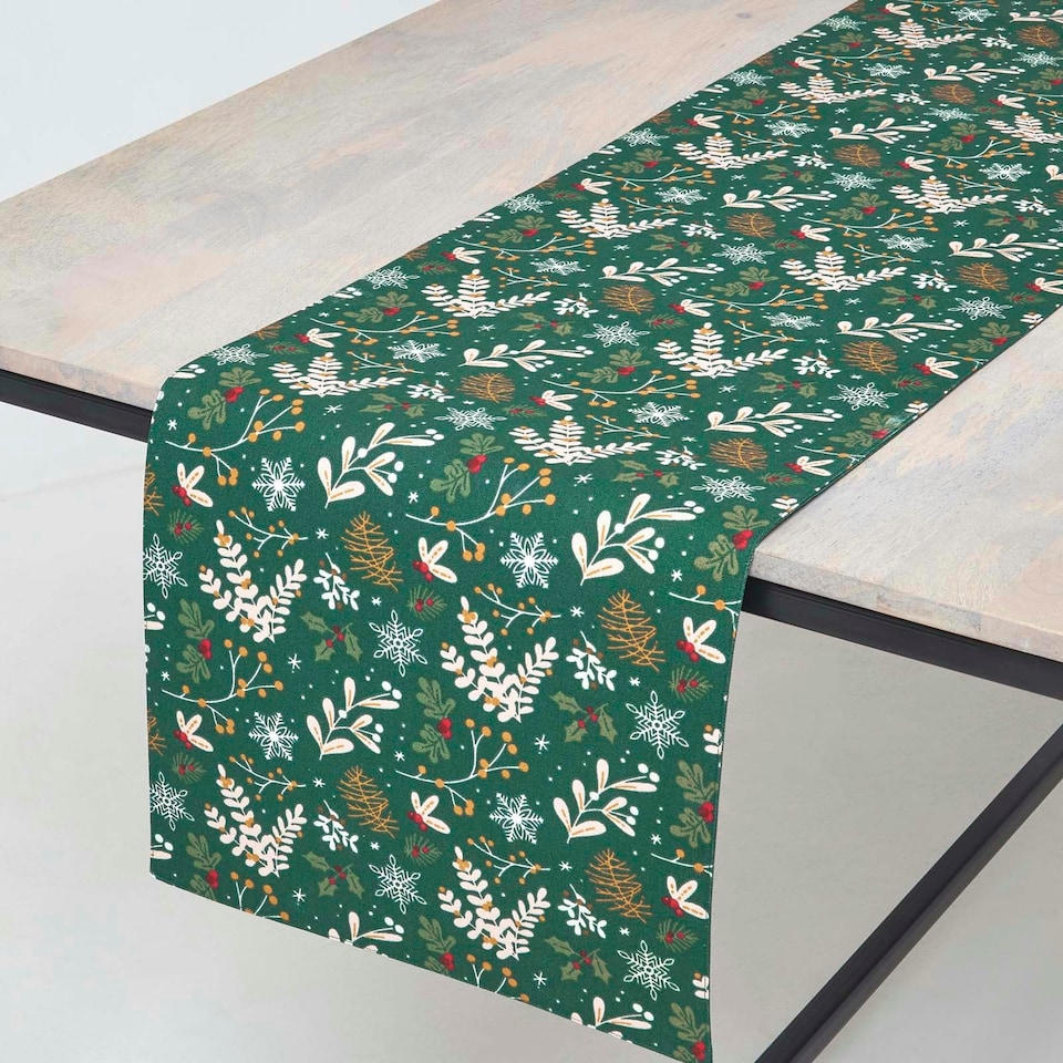 image 1 of Homescapes Festive Forest Green Christmas Table Runner - 35 x 250 cm | Green | One Size | 1