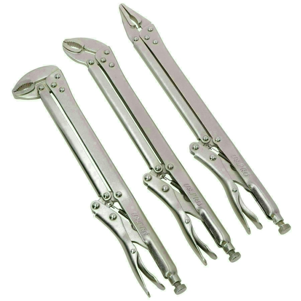 image 1 of 3pc Extra Long Nose 15in Adjustable Locking Pliers Mole Grips Straight 45° 90°