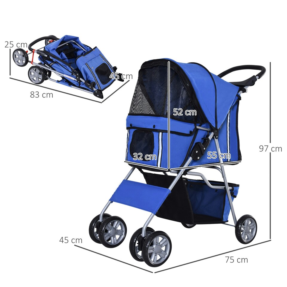 image 1 of PawHut Pet Stroller Carrier Foldable Deluxe Jogger Walk Travel Dog Cat Blue