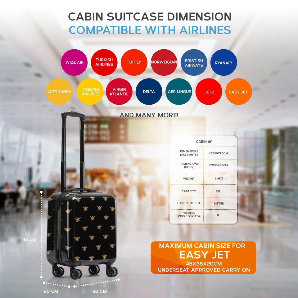 image 1 of Flight Knight Carry On Suitcase - 8 Wheel TSA Lock USB Port - Anti Crack Case Hard Luggage Approved for easyJet, Jet2, BA Black | Black/Gold Stars | Cabin Bag