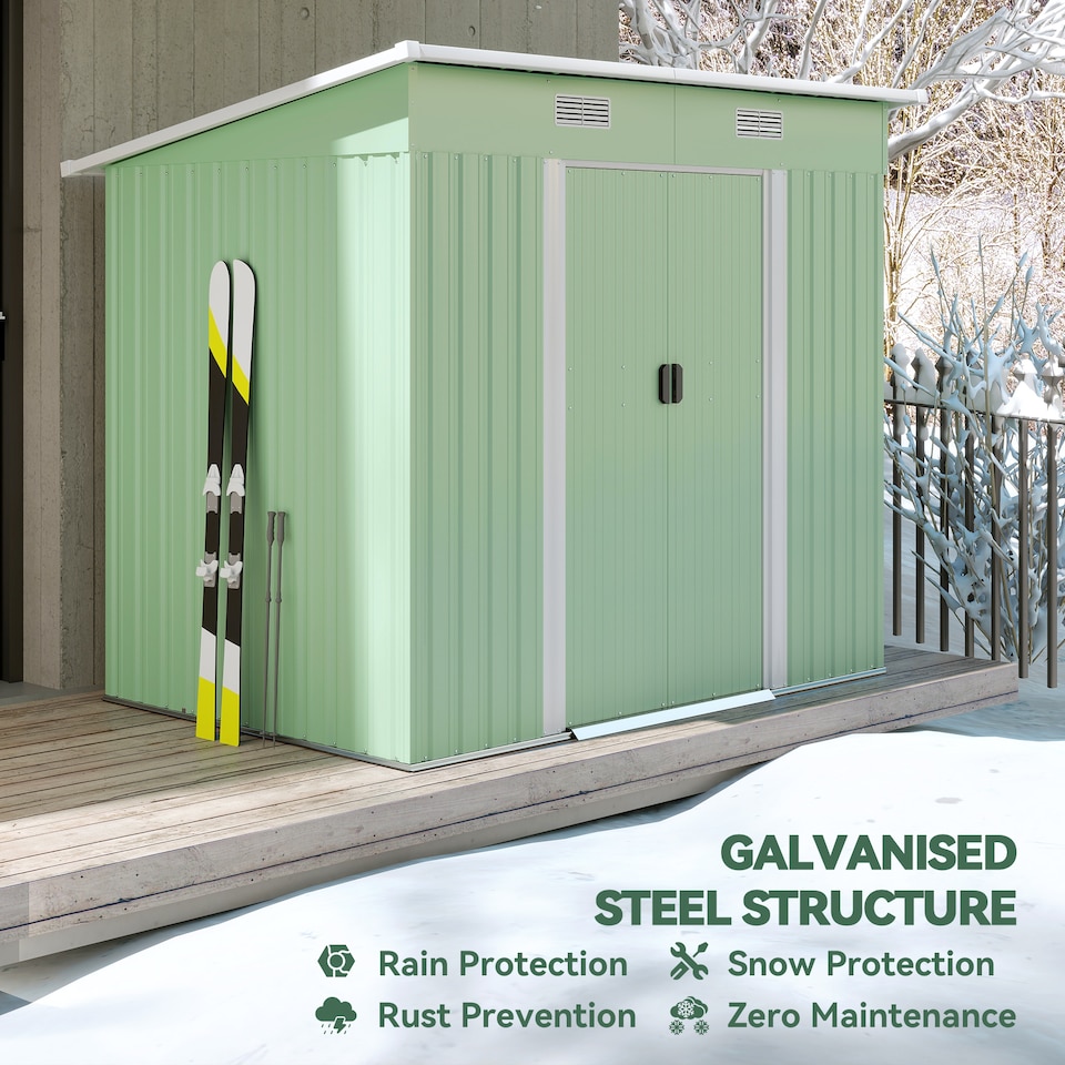 image 1 of Outsunny 7 x 4ft Outdoor Storage Shed, Lean to Metal Garden Shed with Foundation Kit for Log, Rubbish Bin, Tool, Lawnmower, Bike, Light Green
