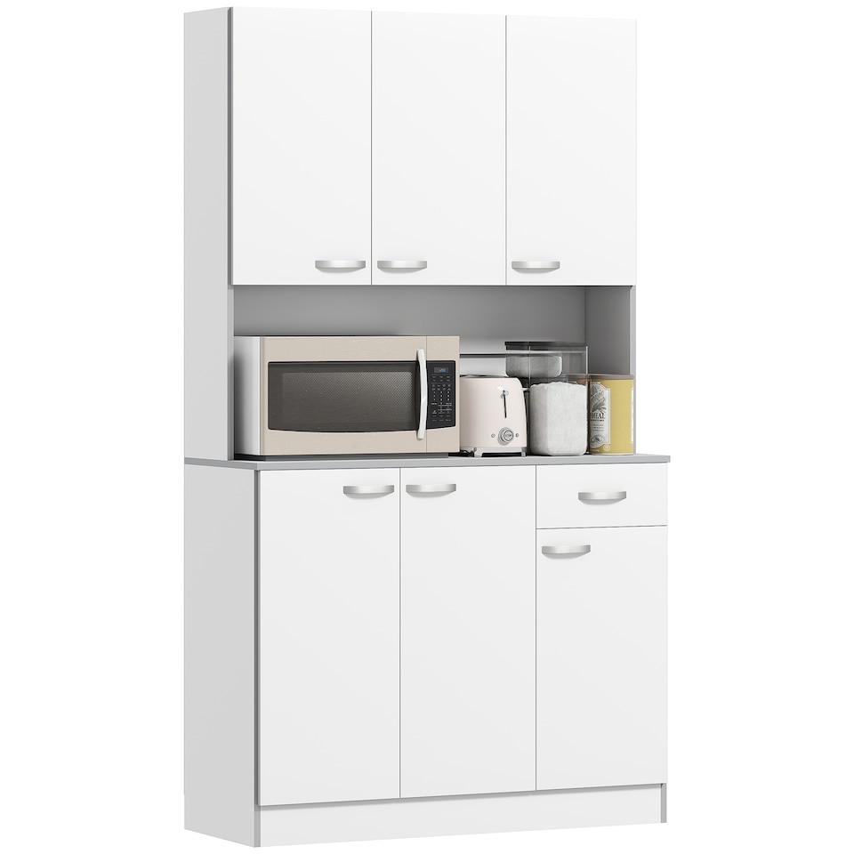 image 1 of HOMCOM 180cm Tall Kitchen Cupboard, Freestanding Kitchen Storage Cabinet with 6 Doors, Drawer, Adjustable Shelves and Open Countertop for Dining Room, White