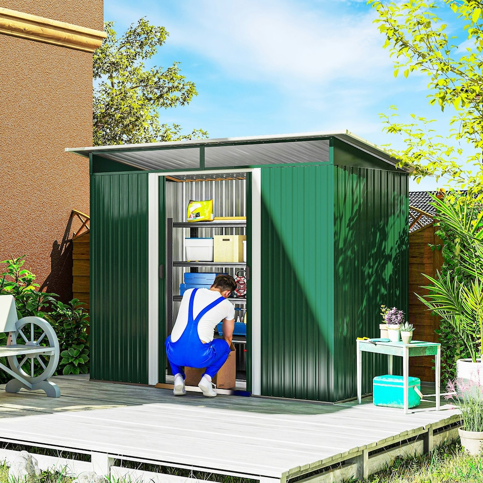 image 1 of Outsunny 8.5 x 6ft Metal Shed with Lightsky Panels, Garden Storage Tool House with Double Doors for Garden, Patio and Lawn, Green