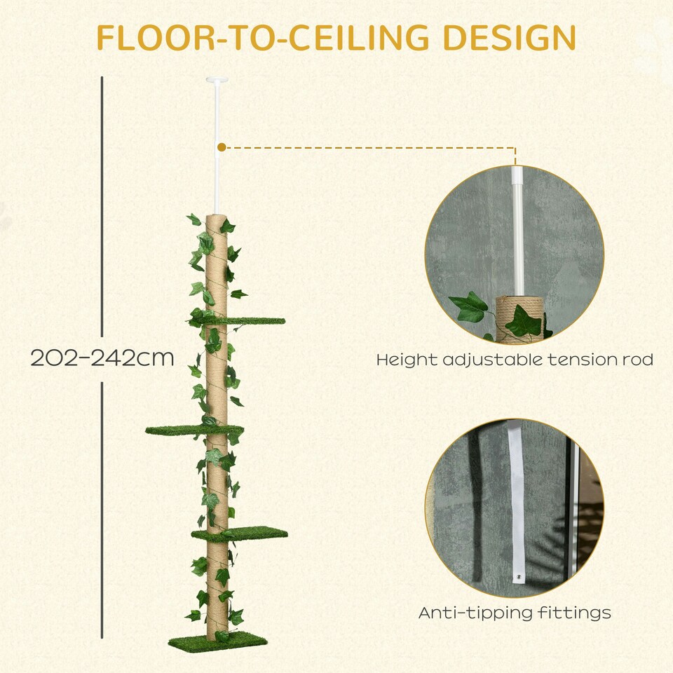 image 1 of PawHut 242cm Floor to Ceiling Cat Tree with Leaves Scratching Post, Green
