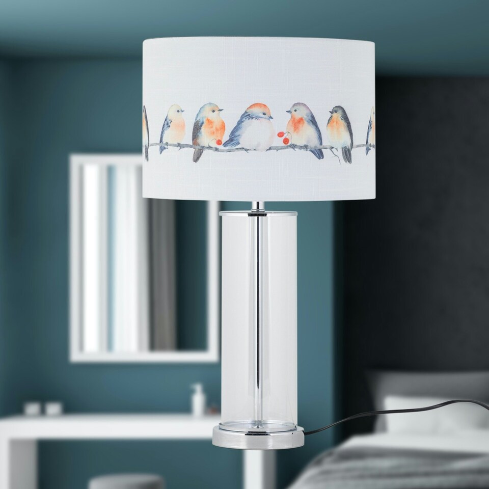 image 1 of Set of 2 Aura - Chrome Table Lamps with Bird Print Linen Shades Chrome | Multi