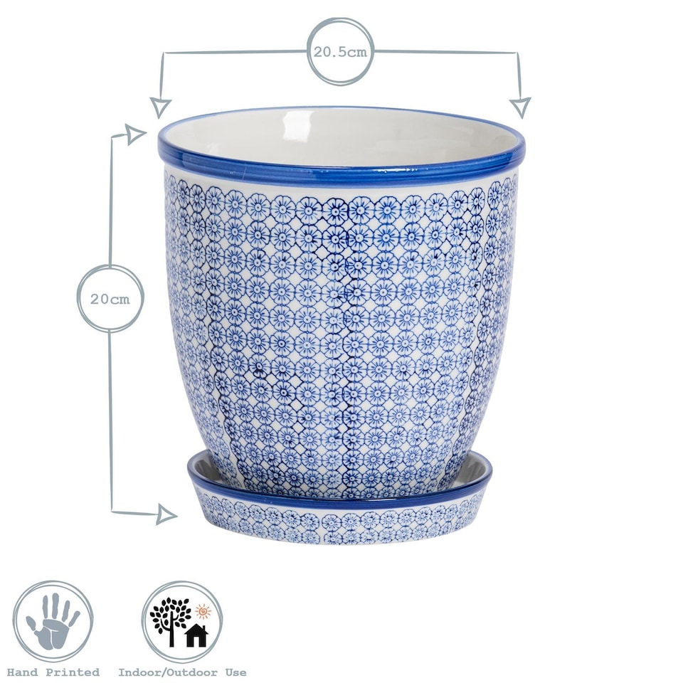 image 1 of Nicola Spring Hand-Printed Plant Pot with Saucer - 20.5cm - Blue | Blue | Blue / Orange