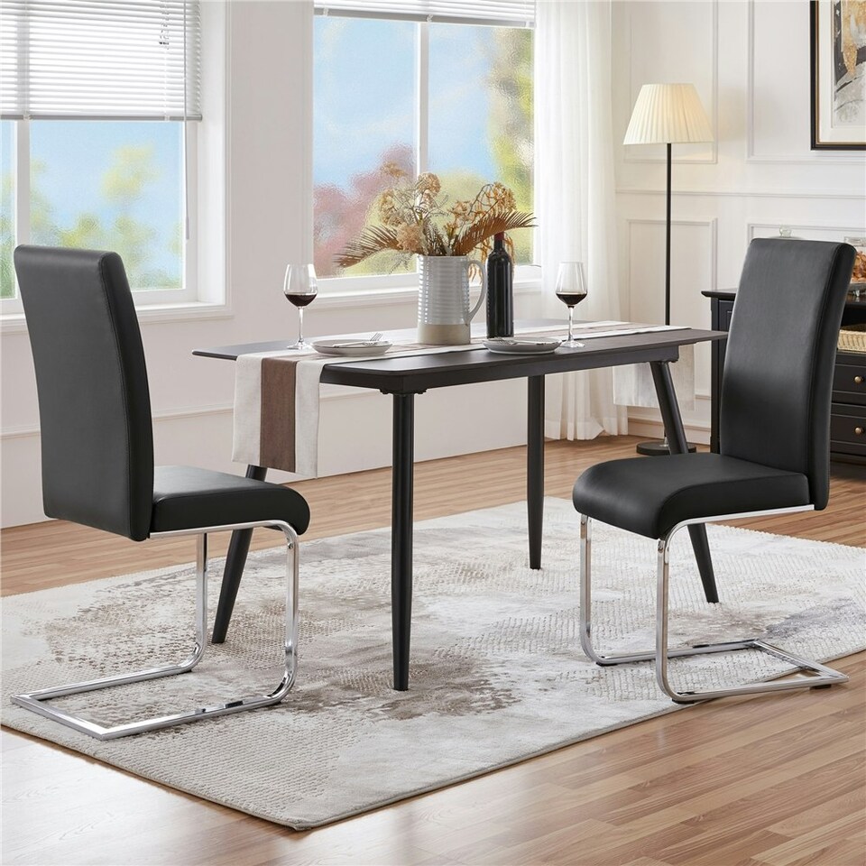image 1 of Yaheetech Set of 2 Dining Chairs Faux Leather Chairs with Metal Legs Black