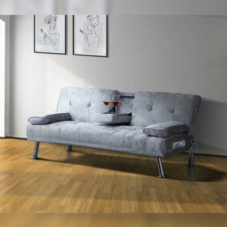 image 1 of Bluetooth Cinema Crush Velvet Clic Clac  Luxury Sofa Bed with Drink Cup Holder In Steel