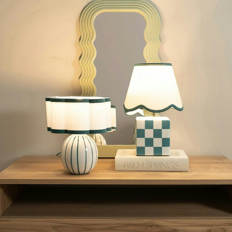 image 1 of ValueLights Rohan Teal Stripe Ceramic Sphere Table Lamp with Teal Trim Shade and LED Bulb