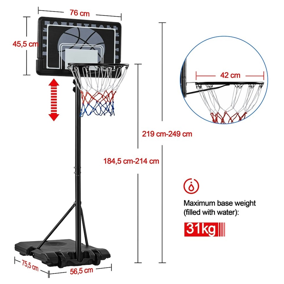 image 1 of Yaheetech 2.19-2.49M Height-Adjustable Basketball Hoop Black