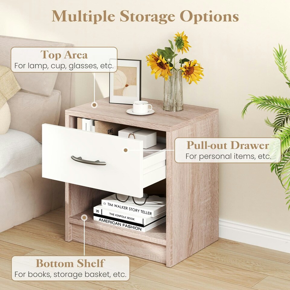 image 1 of COSTWAY Bedroom Nightstand 3-Tier Bedside Table w/Drawer Coffee Brown