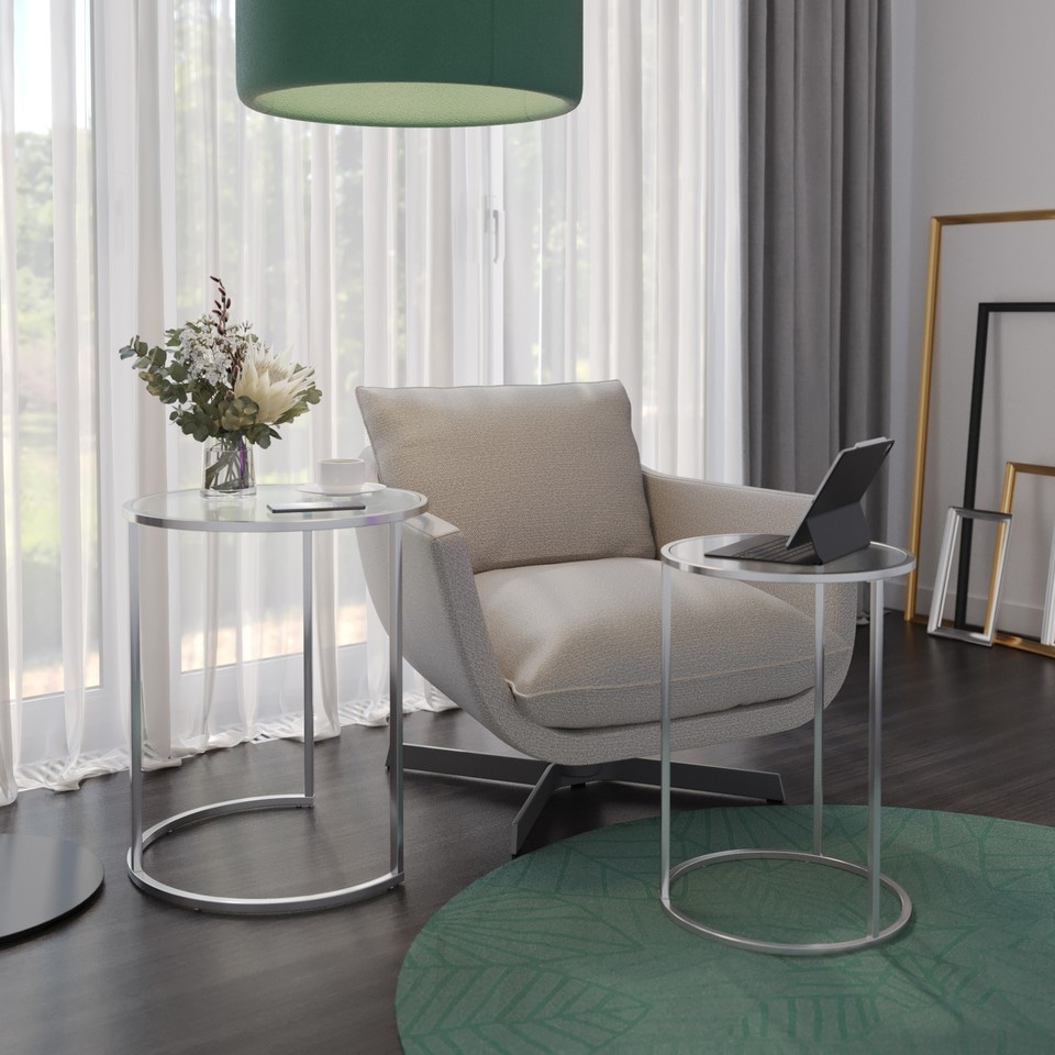 image 1 of 2 Piece Round Nesting Side Tables Set Tempered Glass Top Metal Leg Coffee Tables | Multi | Chrome Legs Transparent Glass