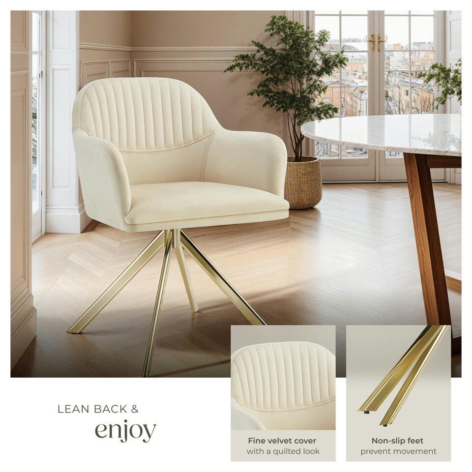 image 1 of Lounge Armchair Living Room Accent Chair 360 Swivel Slim Steel Legs Velvet Fabric - Set of 6 Cream | Cream/Gold