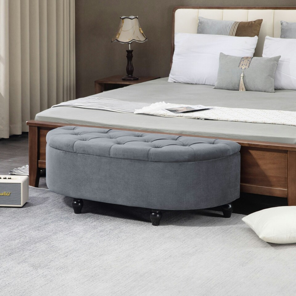 image 1 of HOMCOM Semi-Circle Storage Ottoman Bench Tufted Upholstered Grey
