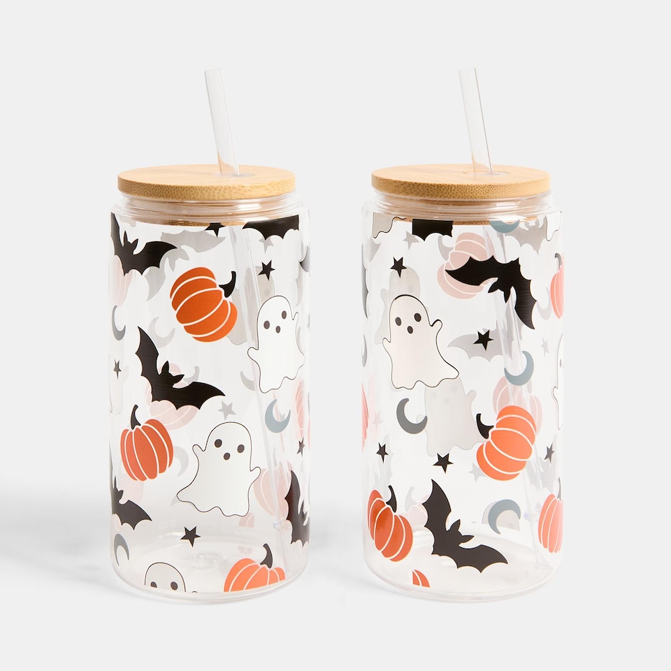 image 1 of OHS 2 Pack Halloween Plastic Cups with Bamboo Lids Clear Drinking Jar