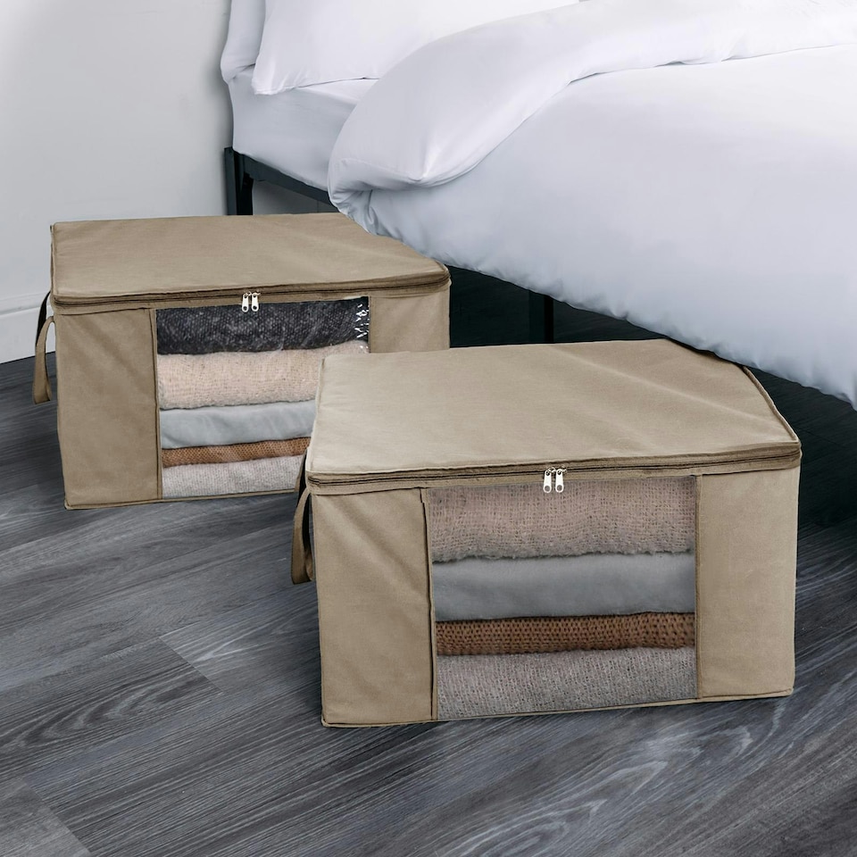 image 1 of OHS 2 Pack Foldable Underbed Wardrobe Clothes Organiser Storage Bags, Large - Natural