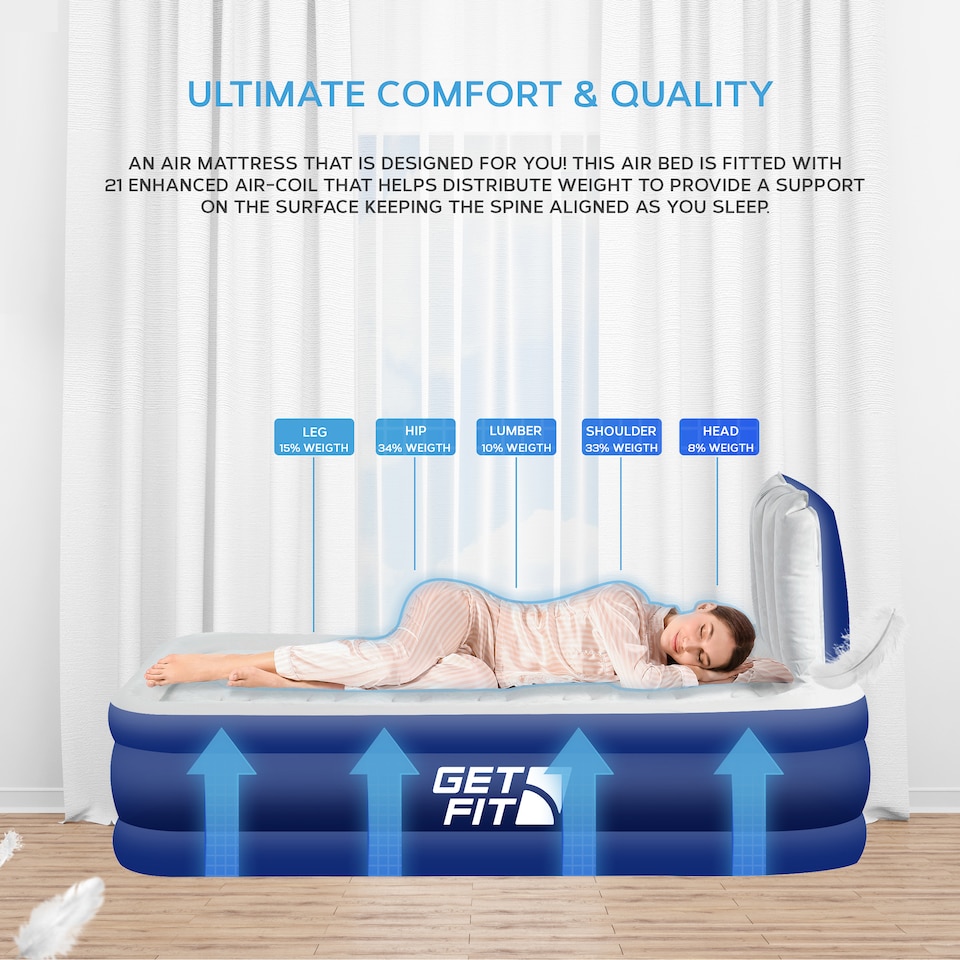 image 1 of Get Fit Air Bed With Built In Electric Pump - Premium Single Airbed - Quick Blow Up Bed With Headboard & Free Inflatable Pillow | Blue | Navy / White | 1
