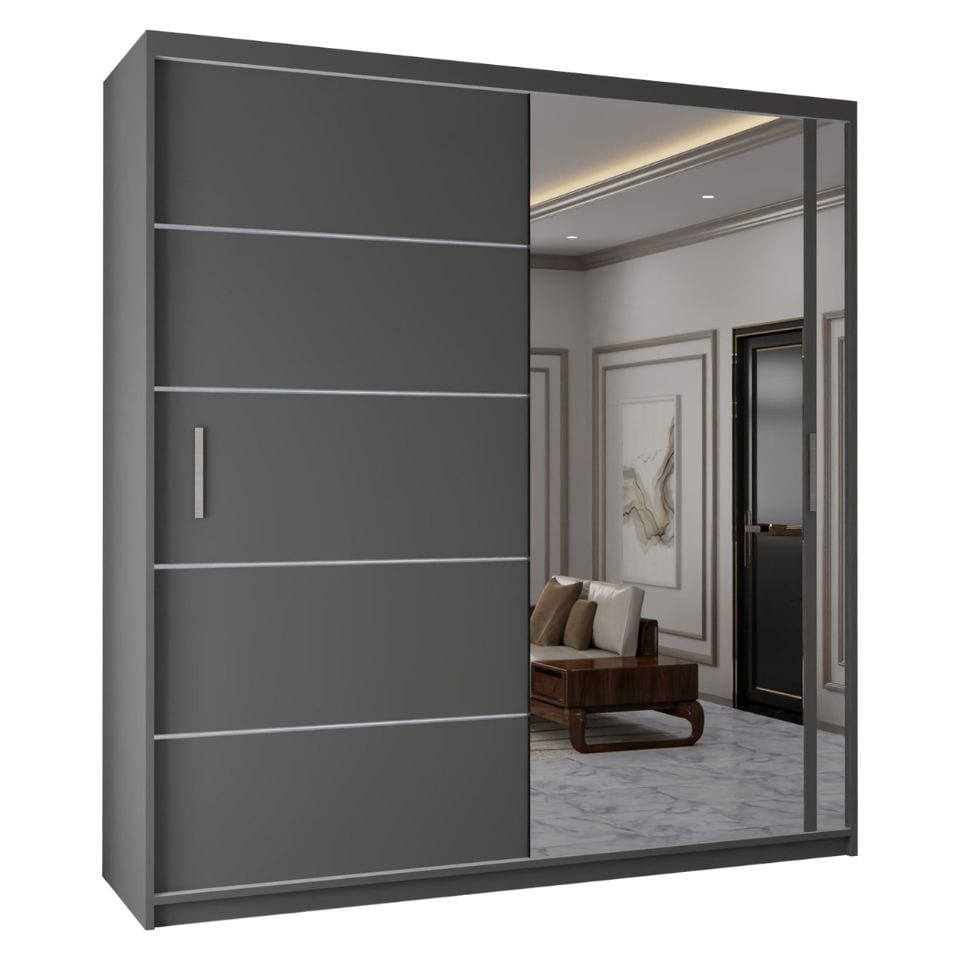 image 1 of Sliding Wardrobes 4u Modern Sliding Door Wardrobe with Full Mirror | 120cm, 150cm, 180cm and 203cm | White, Black, Grey & Oak | Grey | 203cm