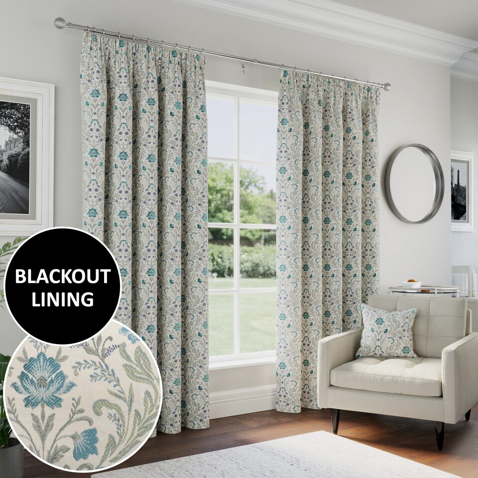 image 1 of Enhanced Living Blue Floral, 100% Blackout, Thermal Curtains with Tape Top Header (PAIR) - 45 x 54 inch (114 x 137cm)