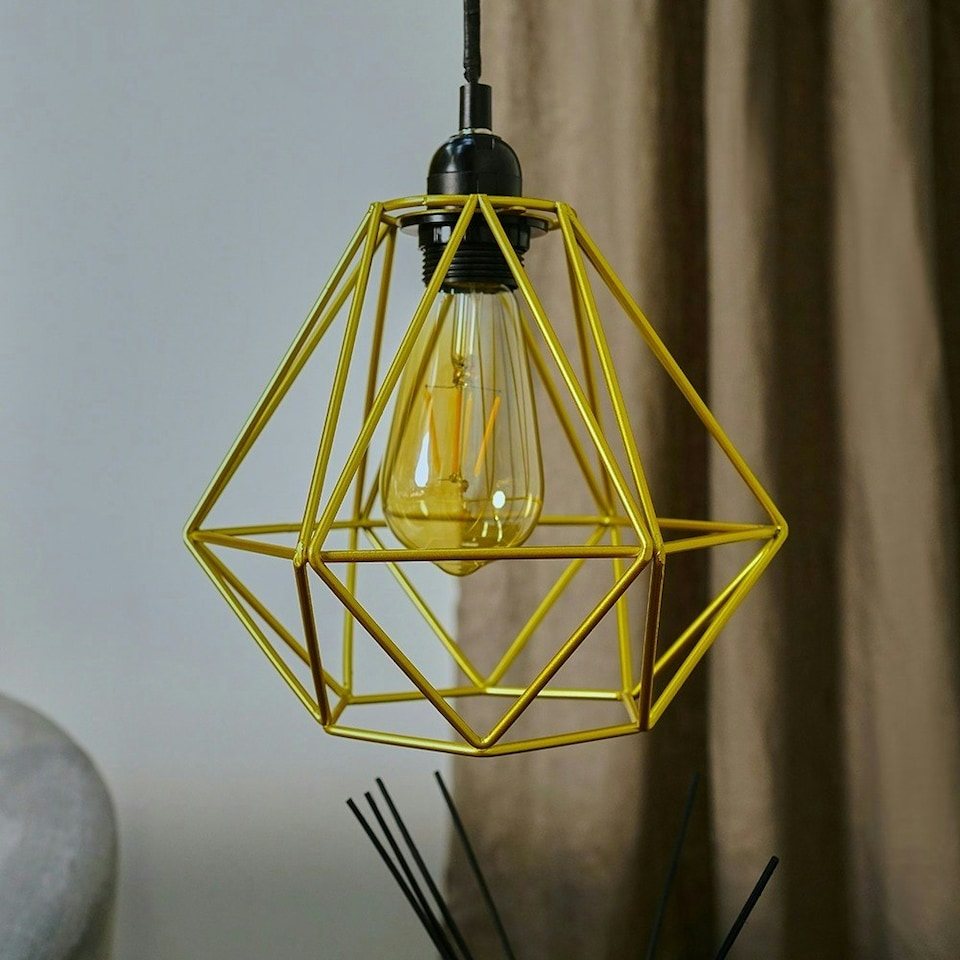 image 1 of ValueLights Pair Of Modern Geometric Gold Metal Basket Cage Ceiling Pendant Light Shades