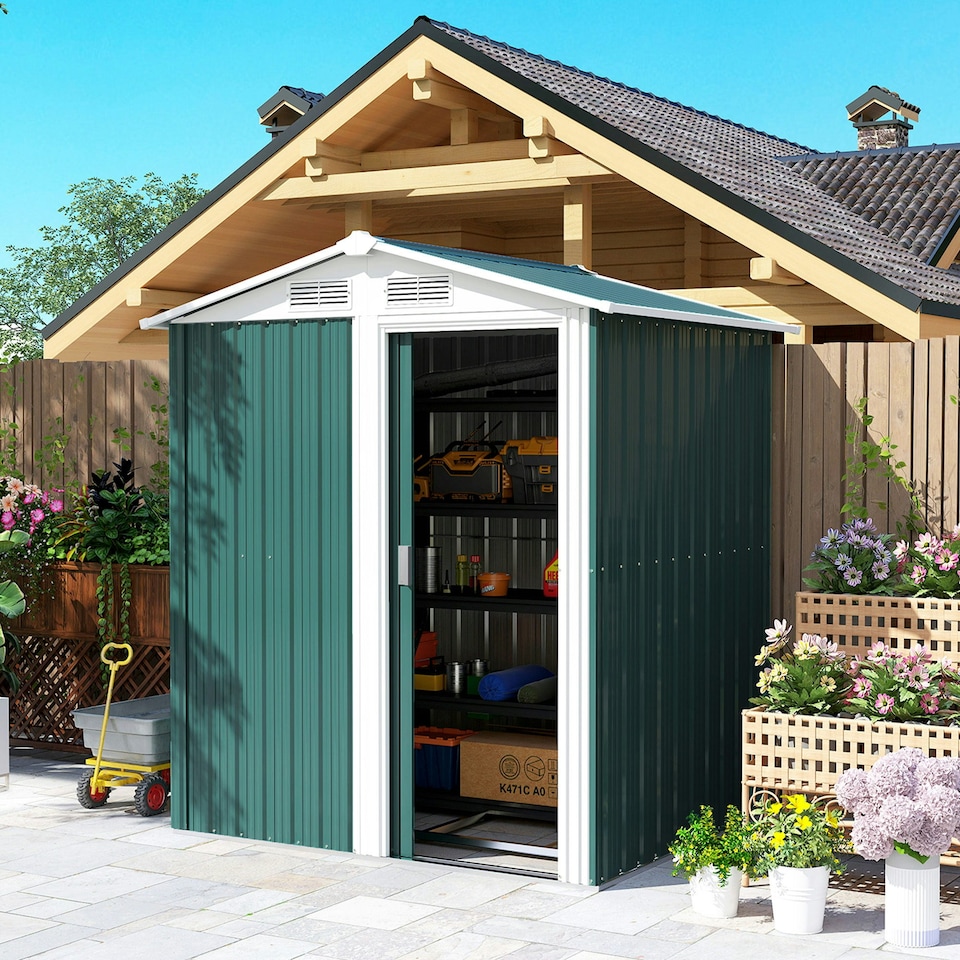image 1 of Outsunny 5ft x 4.3ft Outdoor Metal Storage Shed with Sliding Door Sloped Roof