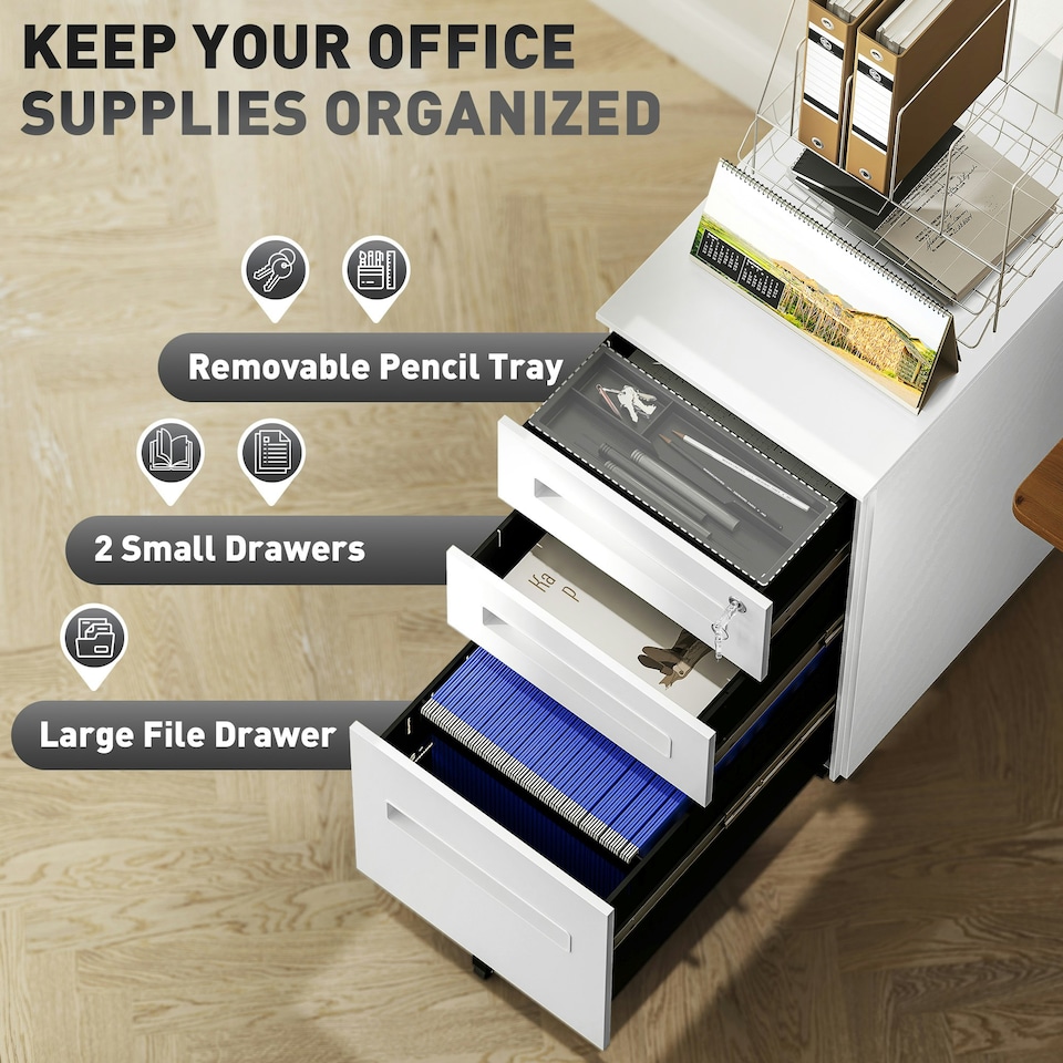 image 1 of Vinsetto Lockable Mobile Filing Cabinet w/ 3 Drawers 30 x 43.5 x 60 cm White 