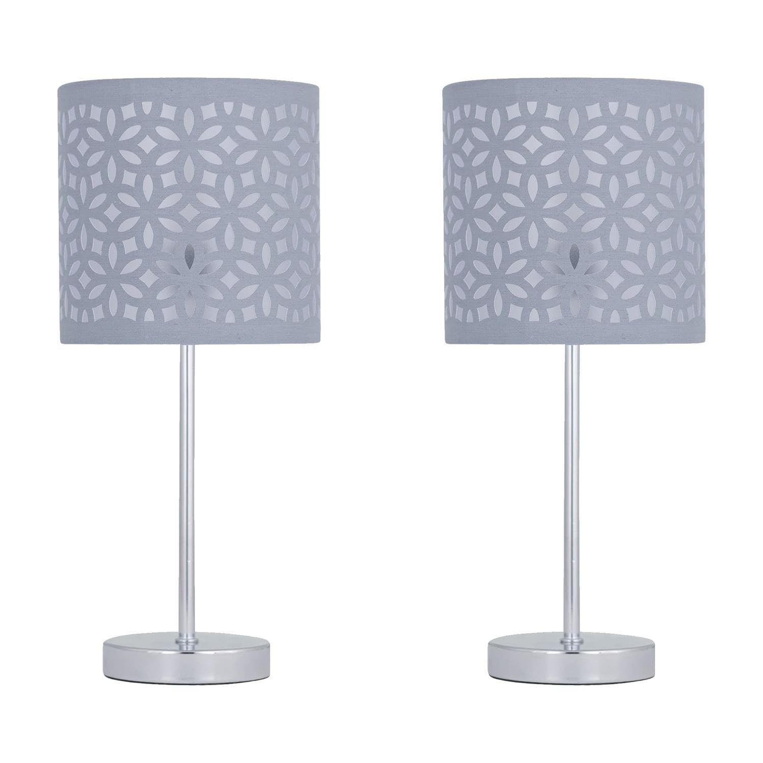 First Choice Lighting Set of 2 Chrome Touch Operated Table Lamps with Grey Cut Out Shades in Silver