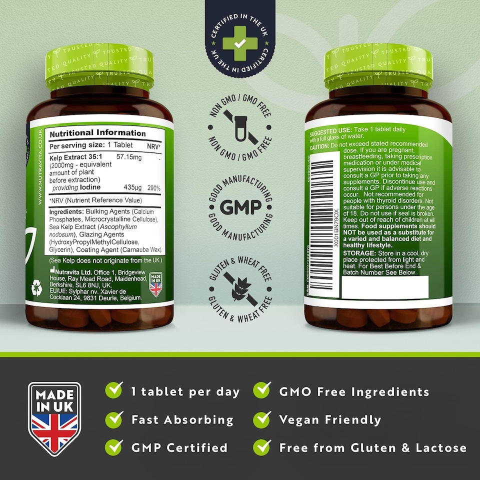image 1 of Nutravita Sea Kelp 2000mg - Natural Source of Iodine - Normal Cognitive Function & Energy Yielding Metabolism - 240 Vegan Tablets - 8 Month Supply