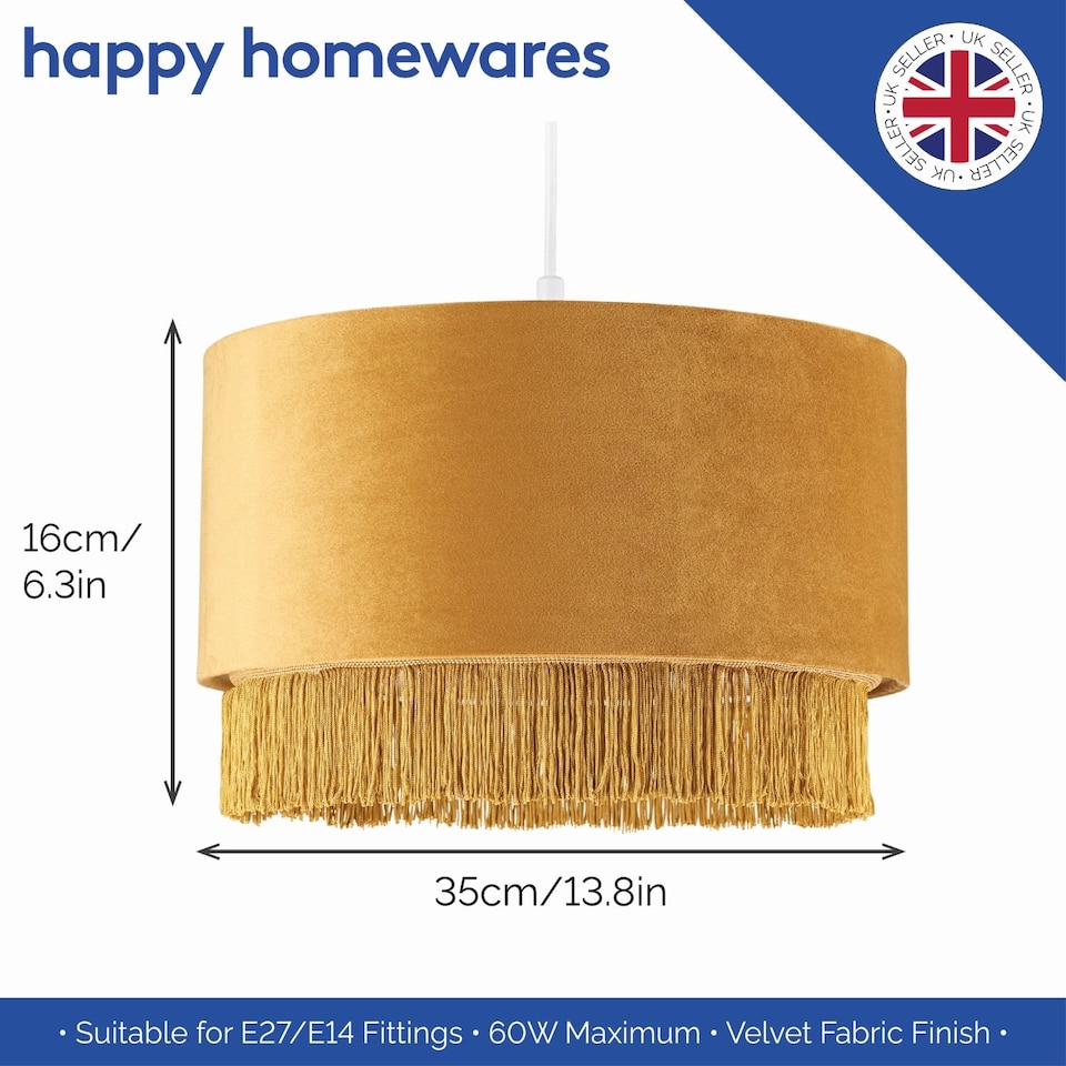 image 1 of Modern Ochre Mustard Drum 14" Pendant Shade with Tassels and Embroidered Trim | Yellow | Ochre | 1