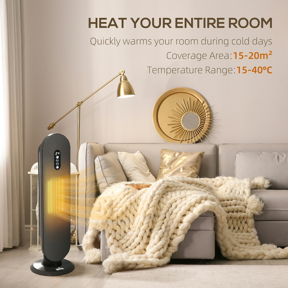 image 1 of HOMCOM Ceramic Space Heater Tower Heater W/ 45° Oscillation, Black