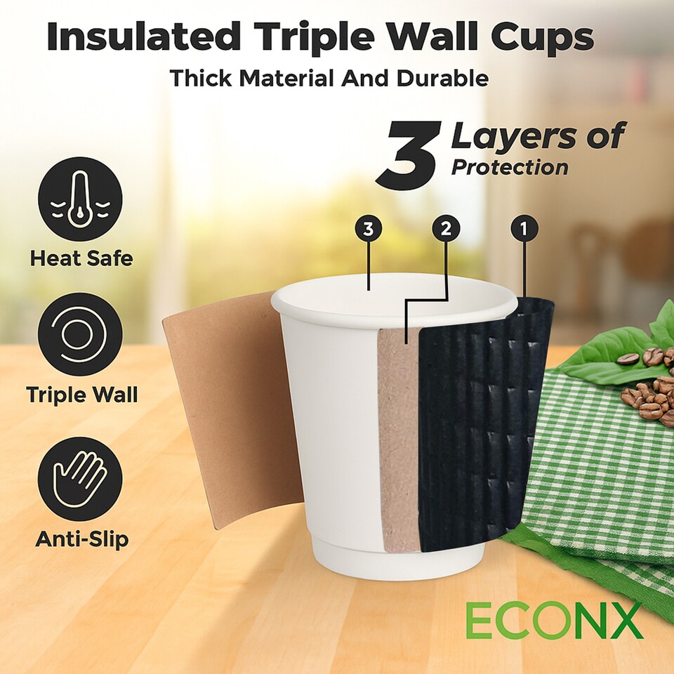 image 1 of ECONX 4oz Disposable Coffee Cups Black 3-PLY Insulated Ripple Wall Paper Cups 100pc