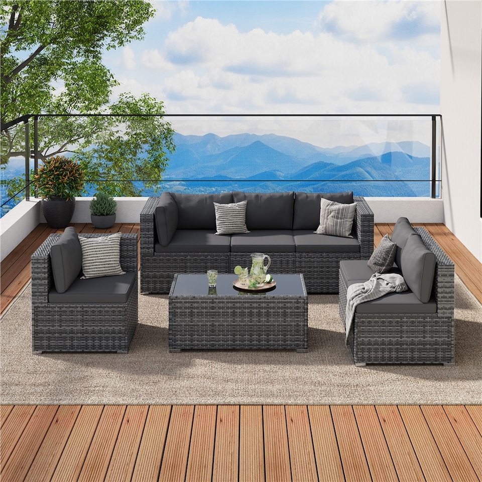 image 1 of Yaheetech 7-Piece Modular PE Rattan Patio Furniture with Thick Cushions-Grey