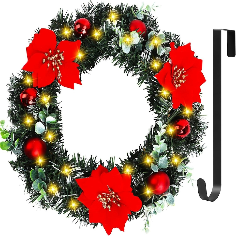 image 1 of Christmas Wreath, Artificial Door Wreath with LED Lights, Xmas Wreath