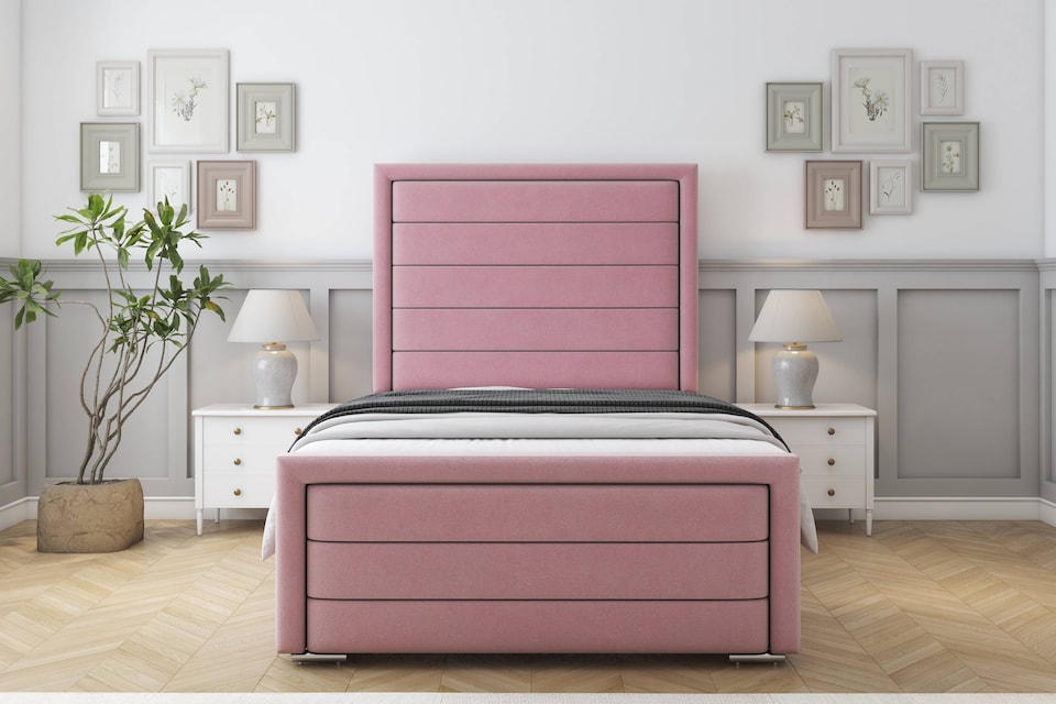 image 1 of Sloomy Ashford Pink Plush Bed Frame With Mattress With 50" Upholstered Headboard 2'6 Small Single