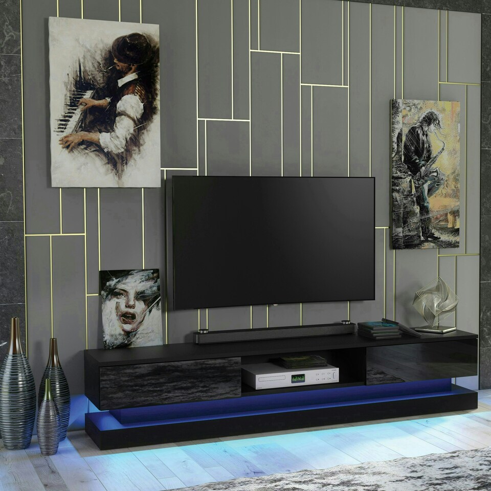 image 1 of TV Unit 180cm Black Gloss Fronts Black Matt Body with LED Platform Black