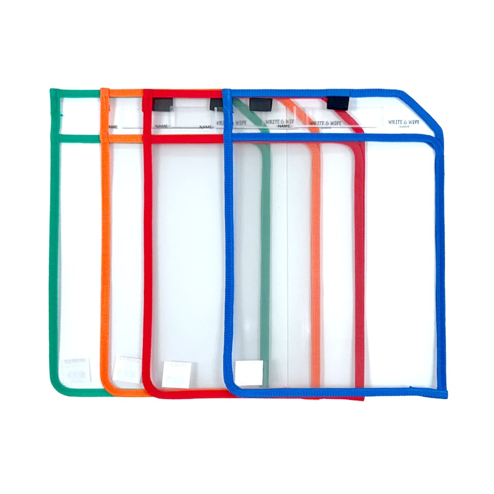 image 1 of Pack of 4 Assorted Coloured Edge Clear Dry Erase Write and Wipe Reusable Sleeve Pockets